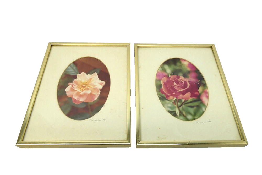Signed 1974 Gold Framed Matted Flower Floral Photographs Pink Rose Photos Decor