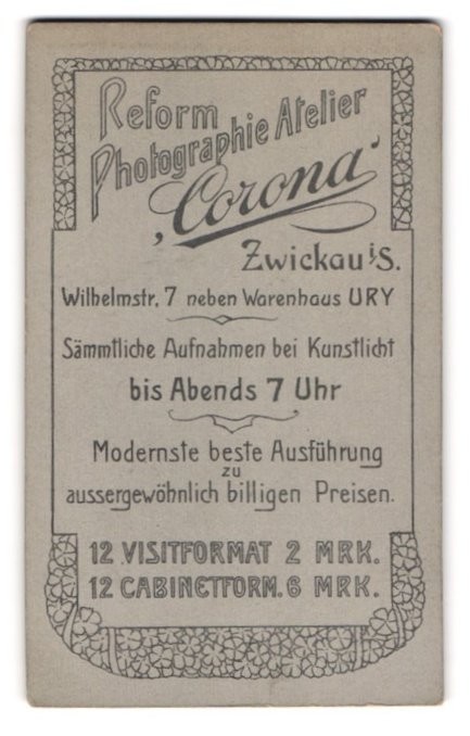 Photography studio Corona, Zwickau i. S., Wilhelmstr. 7, Atelie Addresses