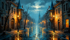 Digital Art Image Cityscape Night Houses Trees Moon Clouds Wallpaper Desktop