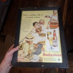 Vintage 1950s Budweiser Beer Baseball Advertisement Picture Framed Glass