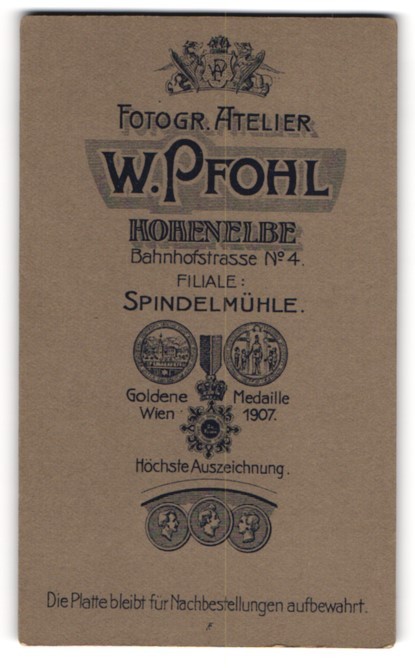 Photograph W. Pfohl, Špindlerův Mlýn, Bahnhofstr. 4, Monogrammed Coat of Arms and Medals