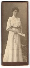 Photograph Standing Lady in Elegant Dress with Document in Hand