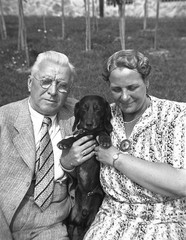 LOT 2x vintage fine art negative, couple w sweet dog, dachshund, funny, unusual