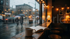 Moody Coffee Shop Rainy Window Digital Download 4K Wallpaper Cozy Cafe Wall Art