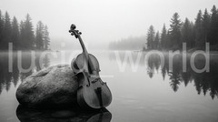 Cello Lake Mist Digital Ai Art B&W Musical Landscape Instant Download HD File