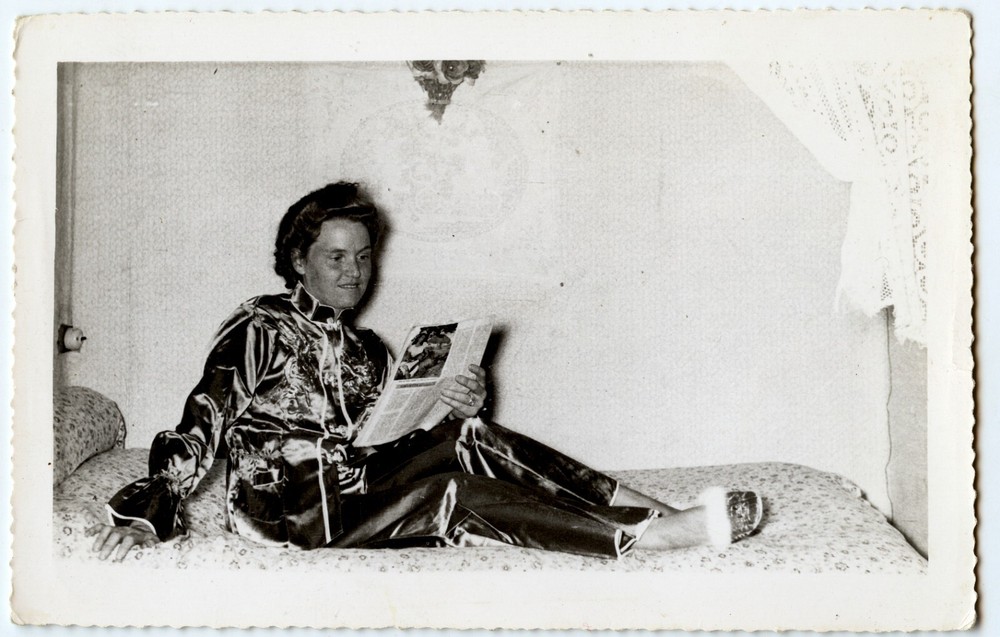 Portrait Young Woman In Silk Pajamas Vintage Photo Circa 1950