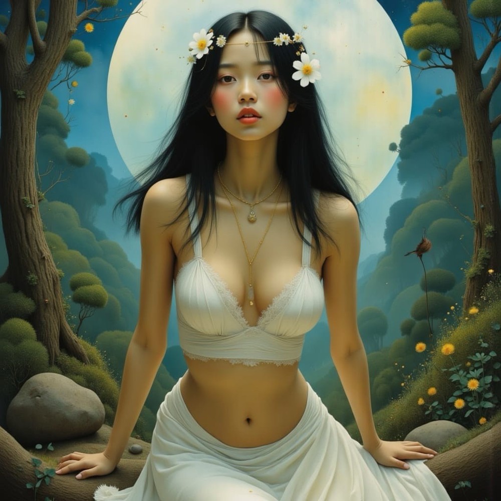 Fantasy Portrait Photograph Woman in White Dress Moon Forest Art Color