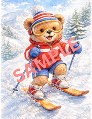 Digital Watercolor Photo of Bear Skiing