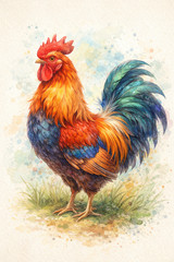 Colorful Rooster Watercolor Art Print | Farm Animal Illustration Digital Downl