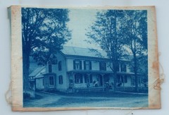 Cyanotype on Fabric Photograph Large House with Women Sitting on Porch Rocking
