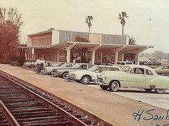 Photograph 1940s Railroad Depot with Palm Trees. Unknown location. Z9
