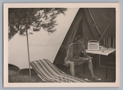 Man with Suitcase Radio and Newspaper Camping 1961 – Vintage Photo 1960s