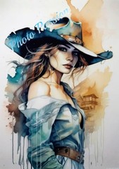 Women Cowgirl Portrait Western Style Watercolor Digital Art Print (1885) 20×30