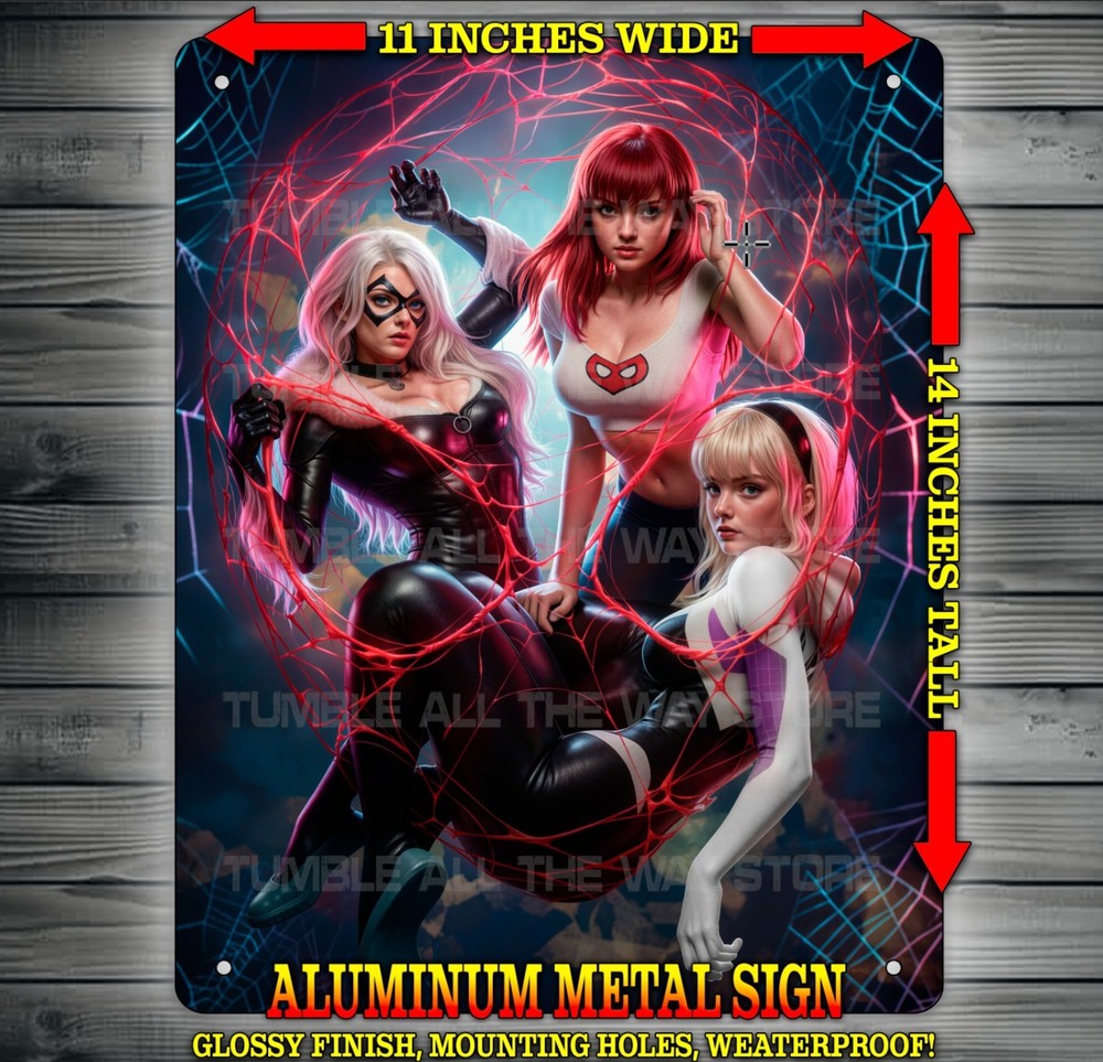 Spider Gwen – Black Cat – Mary Jane Sexy Trio Metal Sign Wall Art 14″ x 11″