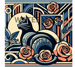 Digital Photo Image Cat and Roses Art Deco Art Wallpaper Desktop