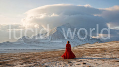 Red Dress Woman Snowy Mountain Landscape Scenic View Digital Image Download PNG