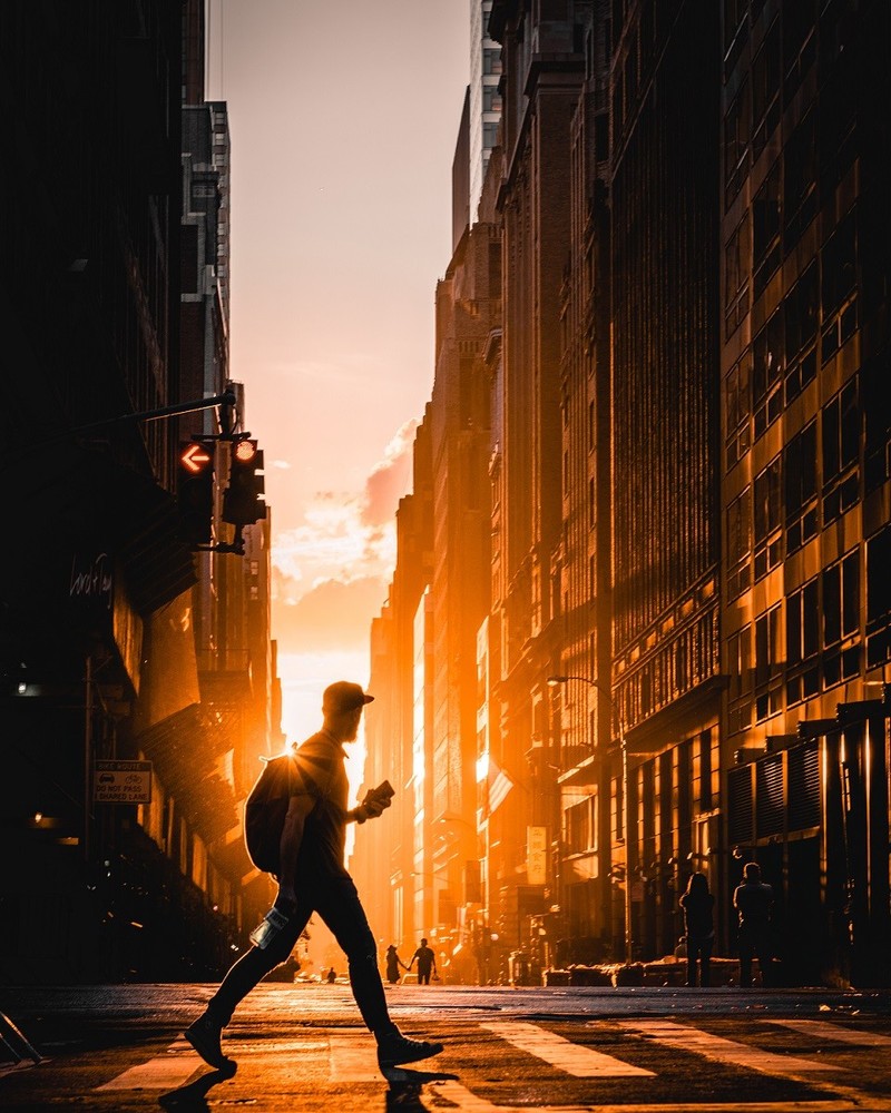 Man Crossing Street Silhouette New York City Manhattan Sunset Photo Print, Decor