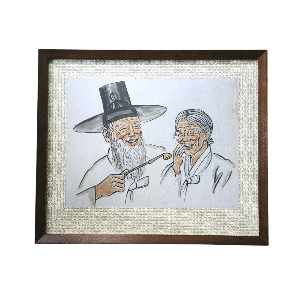 Framed Art Sketch Korean Couple Vintage 1985 South Korea Solid Wood Frame