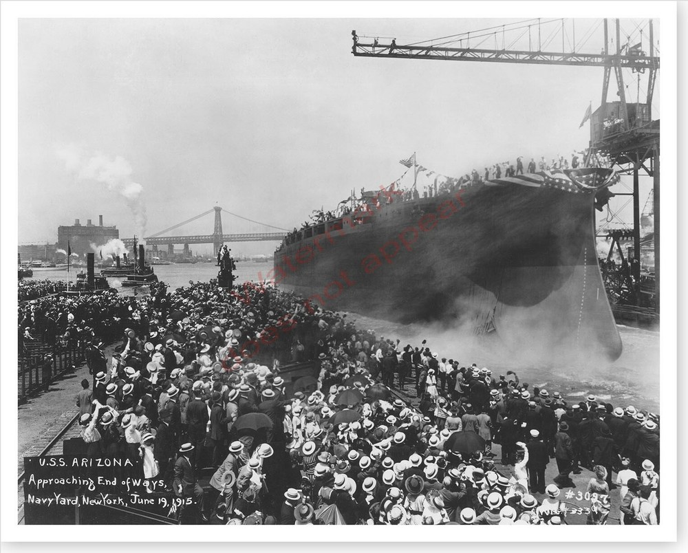 US Navy 1915 USS Arizona BB-39 Approaching End of Ways At Launch New York Photo