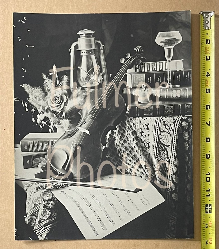 Vintage 11×14 unframed MUSIC & FLORAL Theme VIOLIN FLOWERS & BOOKS Photo Art B&W