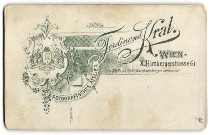 Photograph Ferdinand Kral, Vienna, Himbergerstr. 61, coat of arms with monogram of photo