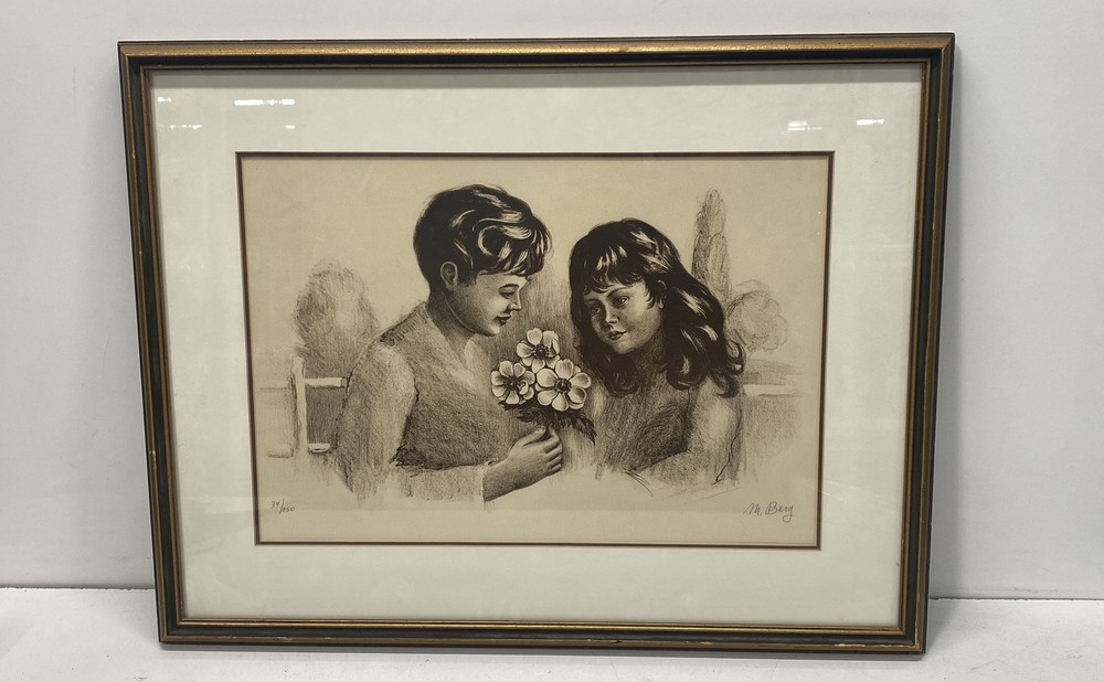M. Berg Original Lithograph Bouquet Children Flowers Signed Numbered 21×27