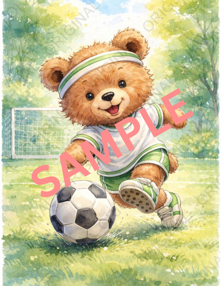 Digital Watercolor Photo of Bear Playing Soccer