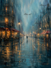 Digital Art Painting Cityscape Night Avenue People Rain Wallpaper Decor Desktop